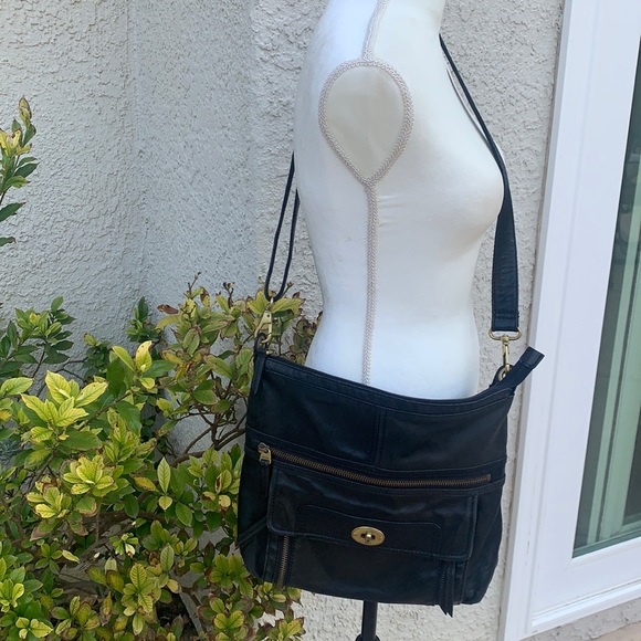 Fossil Handbags - Fossil Large Black Leather Crossbody Purse